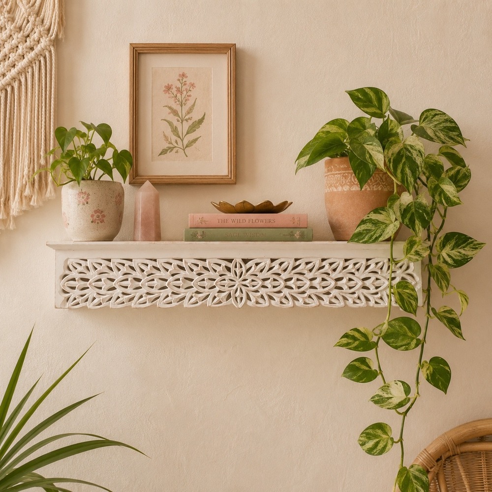 Vtg Wooden Wall Display Shelf flower floral carved Cottagecore Farmhouse Trinket